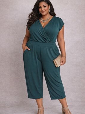 G by Giuliana Green Wrap Jumpsuit Plus Size 1X Wide Leg Pockets Stretch